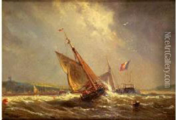 Barques De Peche Voiles Deployees Rentrant Au Port Par Gros Temps Oil Painting - Charles Louis Mozin
