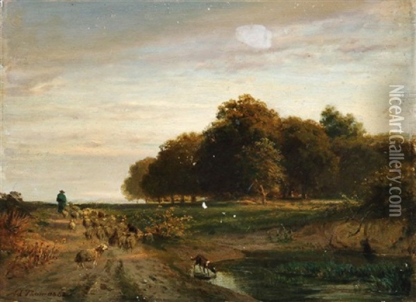 Schafer Mit Seiner Herde An Einem Teich Oil Painting - Adolf Thomas