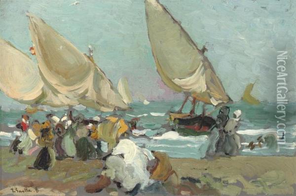 Boats On The Beach Of Valencia Oil Painting - Joaquin Sorolla Y Bastida