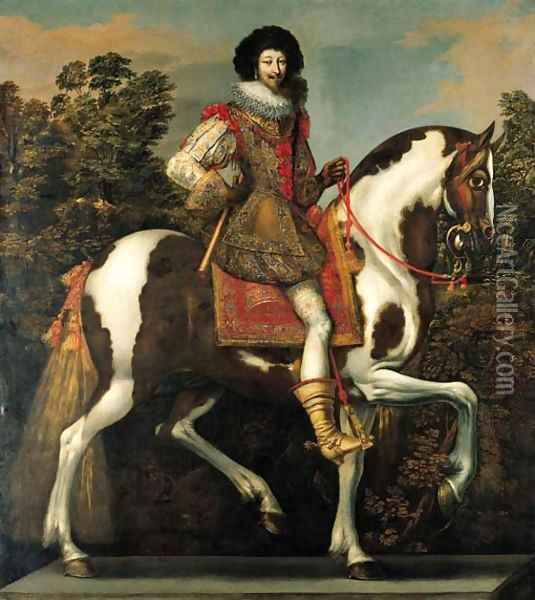 Equestrian portrait of a nobleman, traditionally identified as the Duke of Buckingham, full-length Oil Painting - Claude Deruet