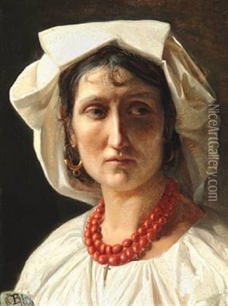 Portrait Of A Young Italian Woman With White Bonnet And Coral Necklace With A Cross Oil Painting - Carl Heinrich Bloch