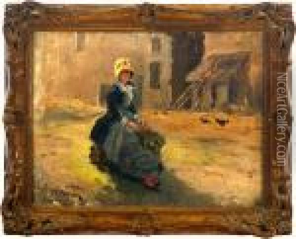 Strom: A Woman On A Yard With Buildings And Chicken. Signed Oil Painting - Per Ekstrom