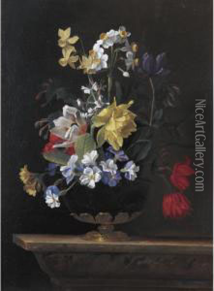 A Still Life Of Flowers In A Ormulu Mounted Lapis Lazuli Vase On A Stone Ledge Oil Painting - Jean Picart