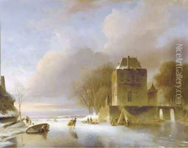 Skaters on a frozen river with a koek en zopie by a mansion Oil Painting - Nicolaas Johannes Roosenboom