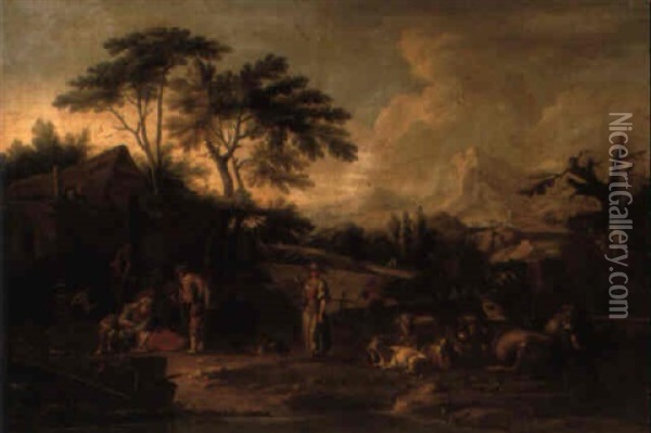 A Roman Landscape With Travellers And Their Livestock Resting At A Ford Oil Painting - Scipione Cignaroli