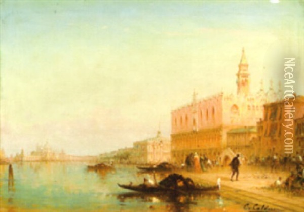 A View Of A Venetian Lagoon With Figures Outside The Dodge's Palace Oil Painting - Charles Clement Calderon