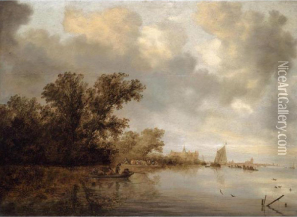A River Landscape With A 
Ferryboat And Fishing-boat With A Man Shooting Ducks, A Town Beyond Oil Painting - Salomon van Ruysdael