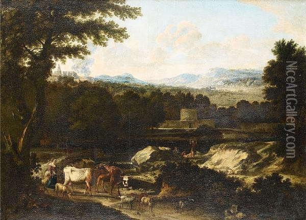 Drovers And Their Cattle In An Italianatelandscape With A Fortification In The Distance Oil Painting - Cornelis Huysmans