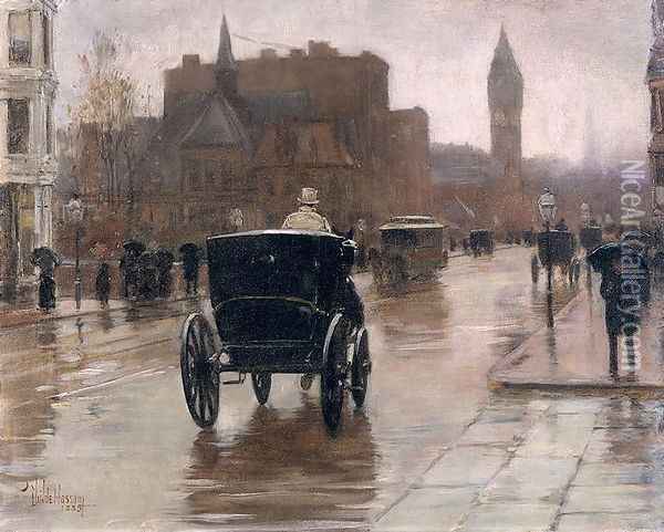 Columbus Avenue, Rainy Day, 1885 Oil Painting - Childe Hassam