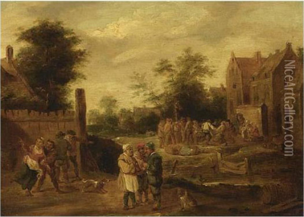 Figures Feasting In A Village Oil Painting - Abraham Teniers