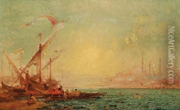 Felix F. G. P. Ziem . Scene Of Bosphorus With St. Sophia On The Horizon Oil Painting - Felix Ziem
