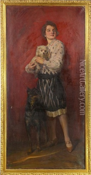 Portrait Of A Young Lady With Two Dogs Oil Painting - Geza Kovesdy