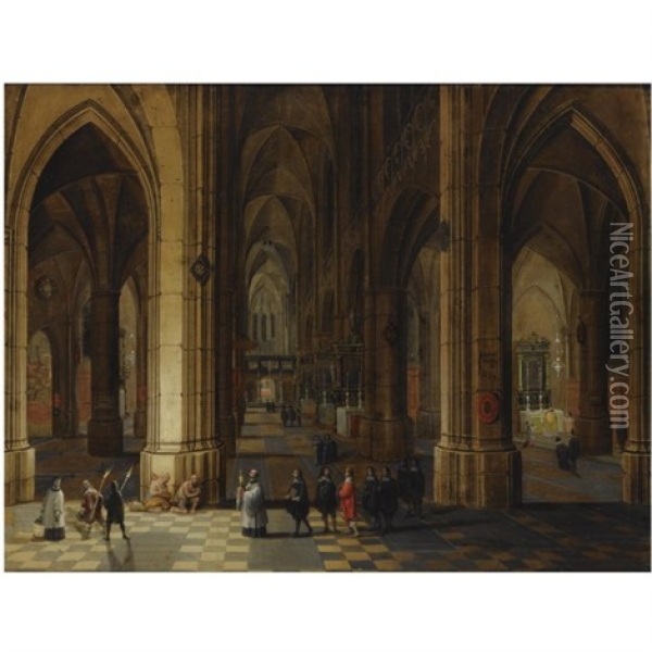 A Church Interior Of The Cathedral Of Antwerp With A Procession In The Foreground And Beggars Seated To The Left Oil Painting - Peeter Neeffs the Younger