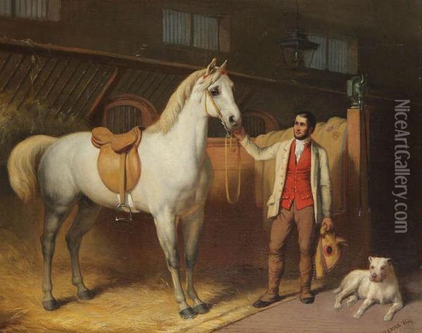 Ruiter Met Gezadeld Paard En Hond In De Stal Oil Painting - Louis-Joseph Ghemar