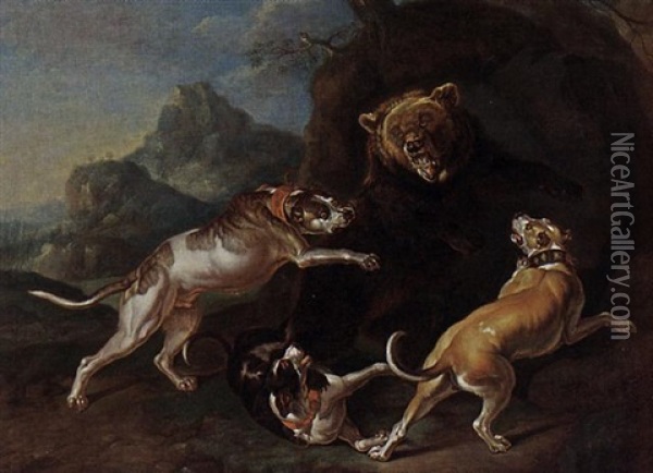 A Hunting Scene With Dogs Bringing Down A Bear Oil Painting - Philipp Ferdinand de Hamilton