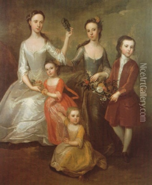 A Family Portrait With Four Sisters In White, Blue, Red And Yellow Dresses Holding Fruit And Flowers With Their Brother Oil Painting - Charles Jervas