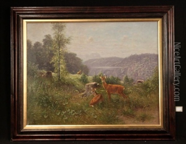 Rehrudel Auf Lichtung Oil Painting - Ludwig Sckell