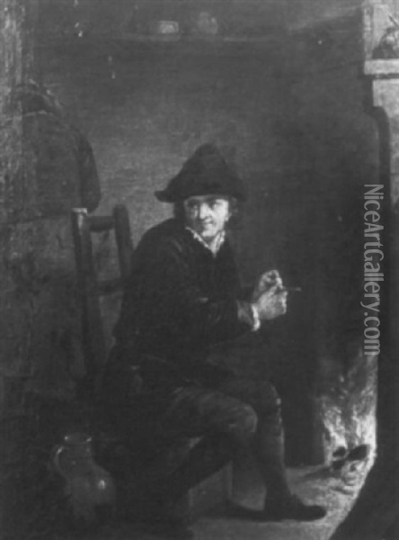 Vor Einem Kaminfeuer Sitzt Ein Junger Mann Und Stopft Sich Die Tonpfeife Oil Painting - Adriaen Jansz van Ostade