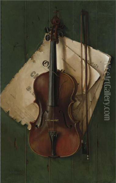 Still Life With Violin, Bow And Sheet Music Oil Painting - Nicholas Alden Brooks