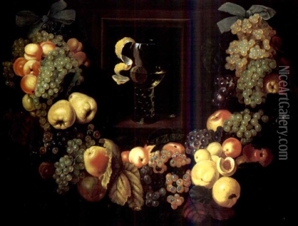 A Roemer Encased In A Niche Surrounded By A Garland Of Fruit Oil Painting - Ottmar Elliger the Elder