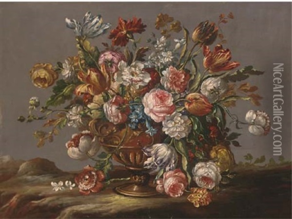 Parrot Tulips, Roses, Narcissi And Other Flowers In An Urn In A Clearing Oil Painting -  Pseudo Guardi