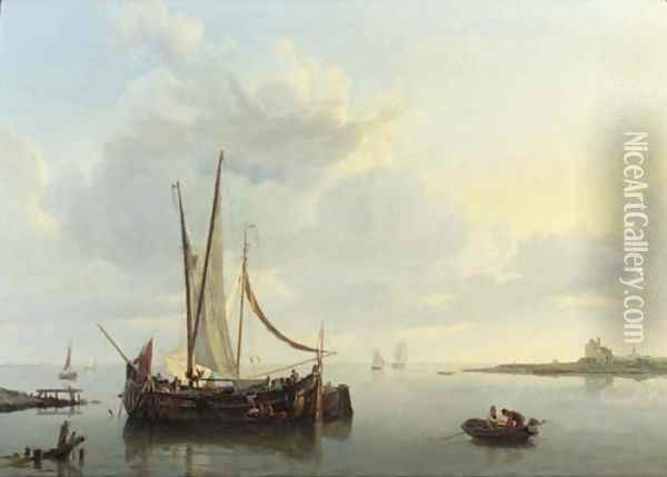 A calm the barge De Vrouw preparing for departure Oil Painting - Hermanus Koekkoek