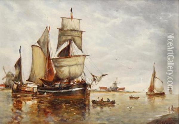 Boats In An Estuary Oil Painting - Paul-Jean Clays