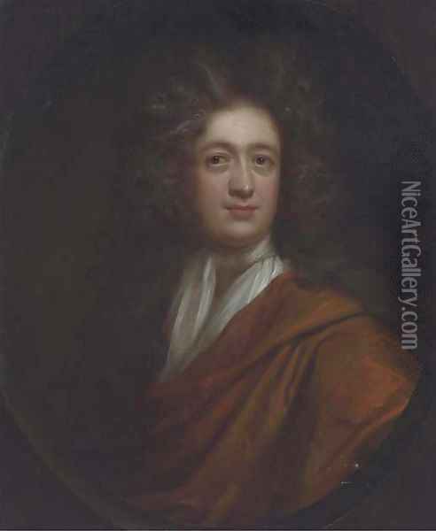 Portrait of Edmund Rooke, bust-length, in an orange wrap Oil Painting - Sir Godfrey Kneller