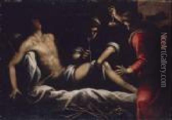 San Sebastiano Curato Dalle Pie Donne Oil Painting - Acopo D'Antonio Negretti (see Palma Giovane)