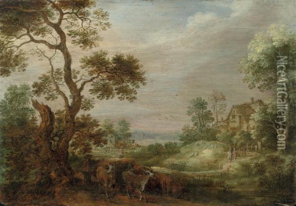 A Wooded Landscape With A Herdsman And His Herd Oil Painting - Gijsbert Gillisz. de Hondecoeter