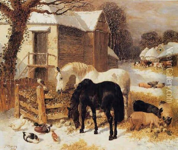 The Barnyard In Winter Oil Painting - John Frederick Herring Snr