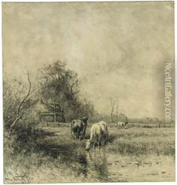 Cows By A Ditch In A Meadow, A Haystack Nearby Oil Painting - Jan Martinus Vrolijk