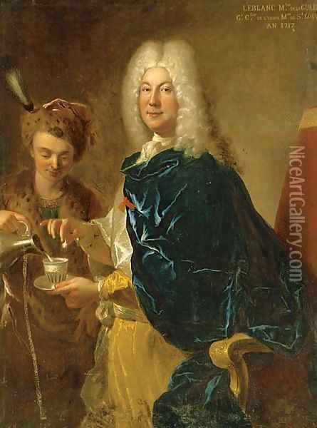 Portrait of Le Blanc, Minister of War, three-quarter-length, being served chocolate by a young male servant Oil Painting - Francois de Troy