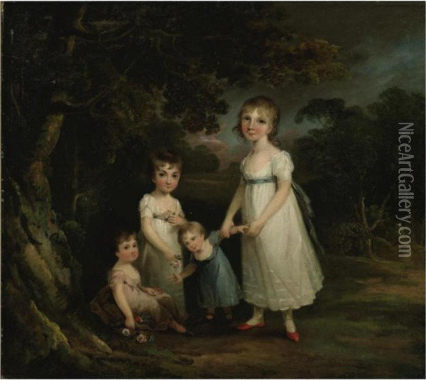 Portrait Of Four Children In A Landscape Oil Painting - Maria Spilsbury