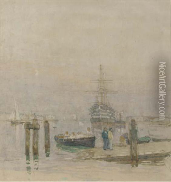 H.m.s. Victory Lying At Her Permanent Mooring In Portsmouth Harbour Oil Painting - Henry Robertson