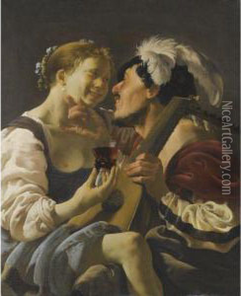 A Luteplayer Carousing Oil Painting - Hendrick Terbrugghen