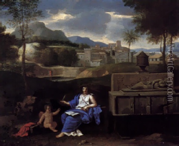 A Classical Landscape With A Sibyl Writing, Assisted By A Putto, Beside A Tomb Oil Painting - Nicolas Poussin