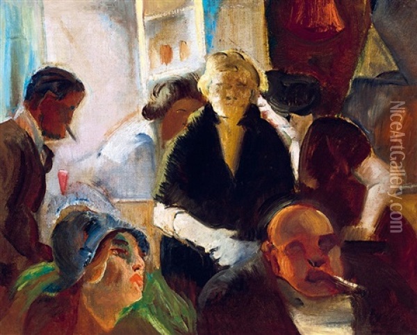 In The Cafe, C. 1922 Oil Painting - Istvan Farkas