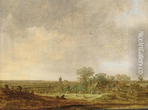 An Extensive Dune Landscape With
 Corn Stooks And A Mill And A Distant View Of The Grote Kerk In The 
Hague Oil Painting - Jan van Goyen