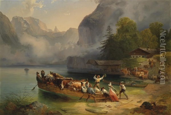 Einschiffung Am Konigssee Oil Painting - Friedrich Gauermann