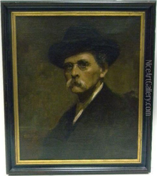 Middle Aged Man With Gray Walrus Mustache And Glasses In Black Slouch Hat Oil Painting - Reginald Barber