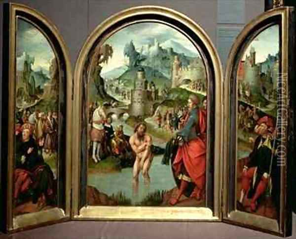 Triptych of the Cleansing of Naaman the centre panel depicts Naaman commander of the Syrian army washing in the River Jordan to cure his leprosy at the command of the prophet Elisha who in the background refuses gifts offered to him Oil Painting - Cornelis Engelbrechtsen