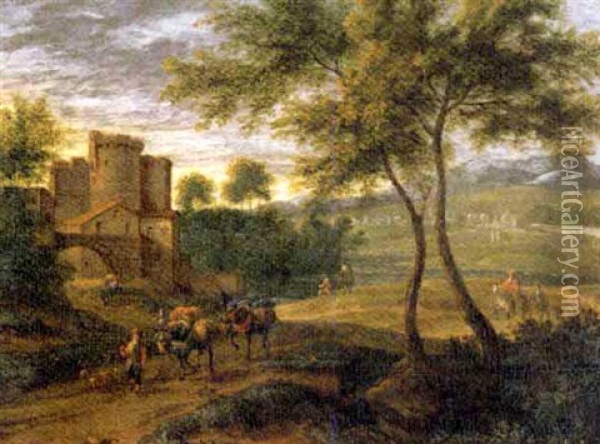 A Landscape With Travellers By The Gates Of A Castle (in Collab. W/adriaen Franz Boudewyns) Oil Painting - Pieter Bout