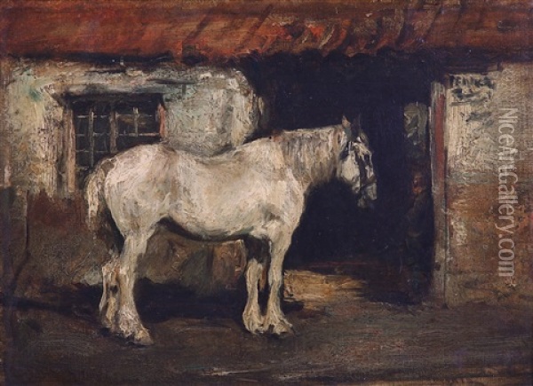 The Smithy Door, A Standing Grey In An Exterior Setting Oil Painting - Sir James Lawton Wingate