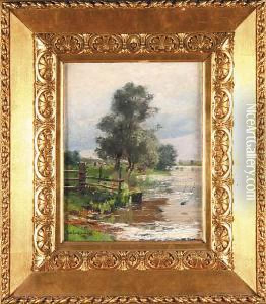 Jaskolki Nad Stawem, 1898 R. Oil Painting - Carl Langhammer