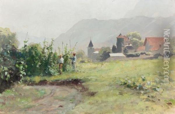 Bauern In Den Weinbergen. Oil Painting - Frederic Dufaux