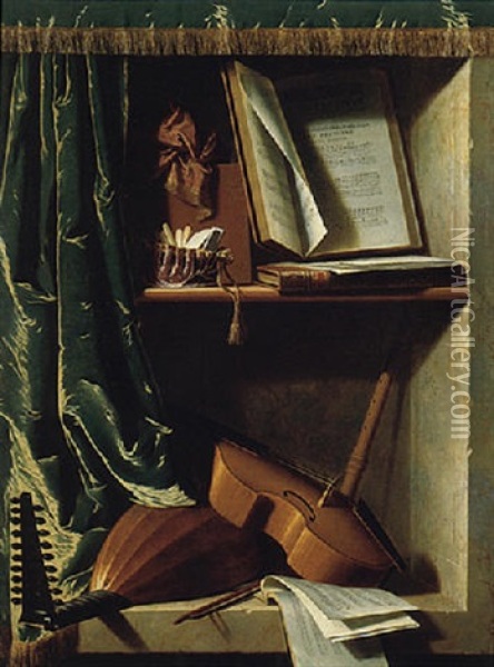 A Trompe L'oeil Of A Lute, A Violin And A Flute, With Books Of Music In A Curtained Stone Niche Oil Painting - Michel Boyer