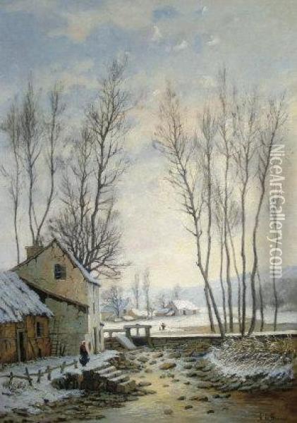 Figure By A Frozen River With Cottages In A Winter Landscape Oil Painting - Aristide De Biseau De Hauteville