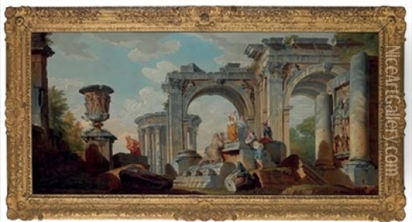 A Capriccio Of Ruins With The Temple Of The Sibyl Oil Painting - Giovanni Paolo Panini