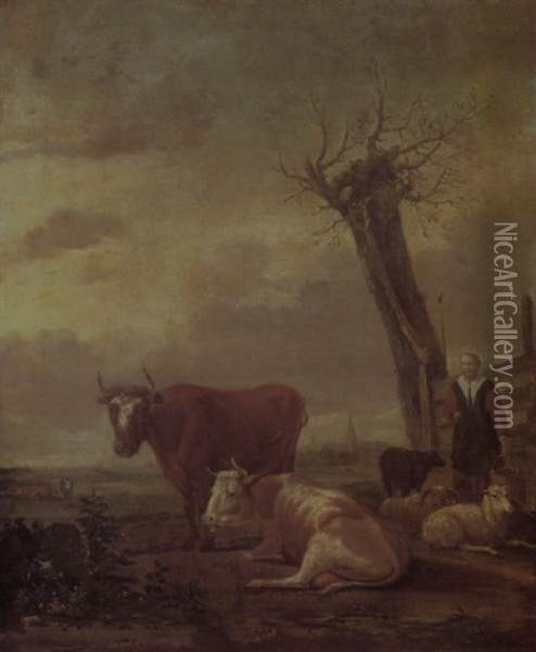 A Milkmaid Tending Her Livestock In A Meadow, A Village Beyond Oil Painting - Albert Jansz Klomp